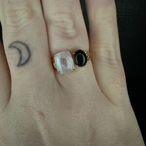 Moonstone and Black Obsidian Toi et Moi ring size 10